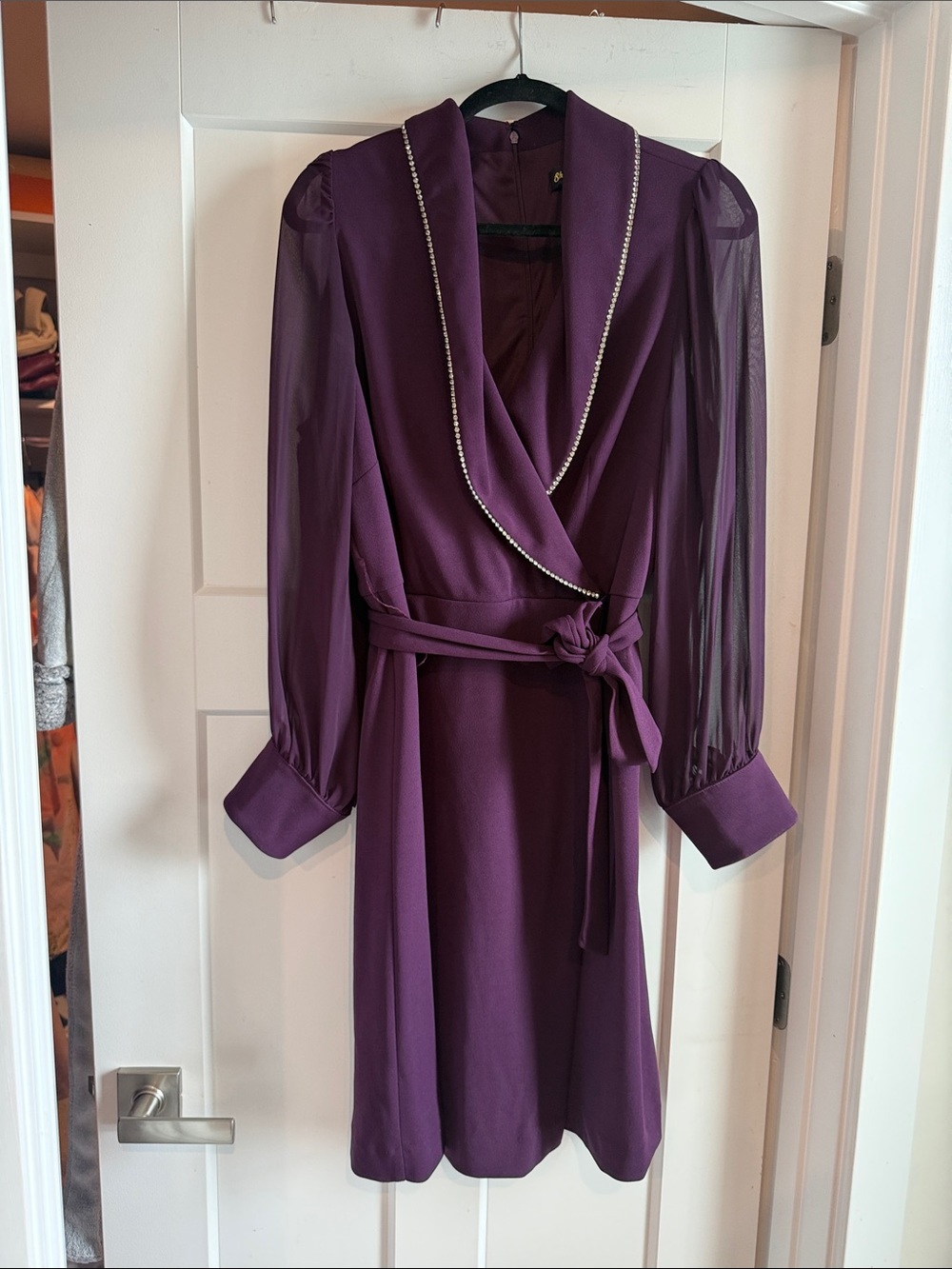 Purple Long Sleeve Wrap Dress with Pearl Trim